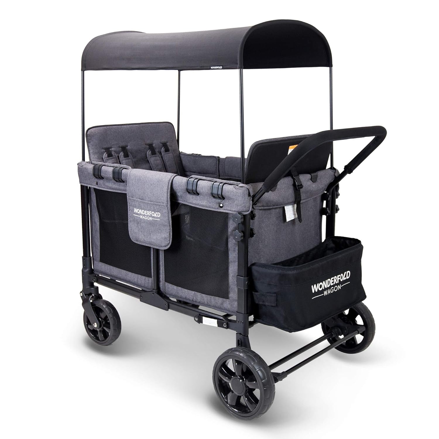 W4 Original Stroller Wagon (4 Seater) - Collapsible Wagon Stroller with Seats with 5-Point Harnesses, Easy Access Zipper Door, and Removable Sun Canopy, Gray