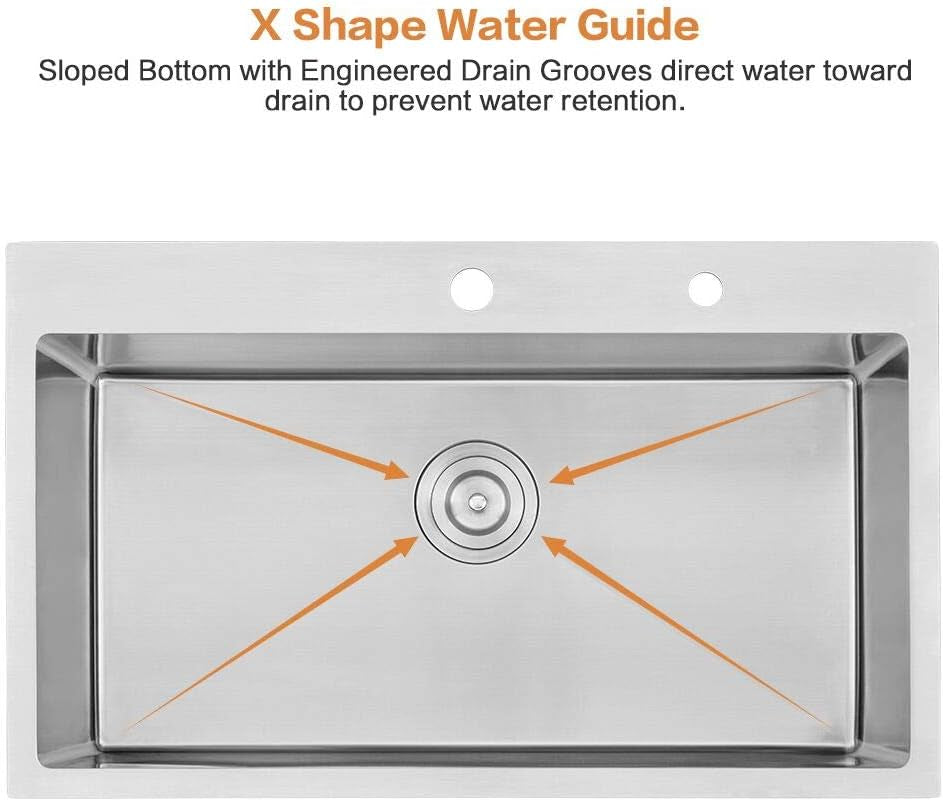 33 Kitchen Sink Drop in - 33X22 Inch Topmount Kitchen Sink 16 Gauge T304 Stainless Steel Single Bowl Kitchen Sink