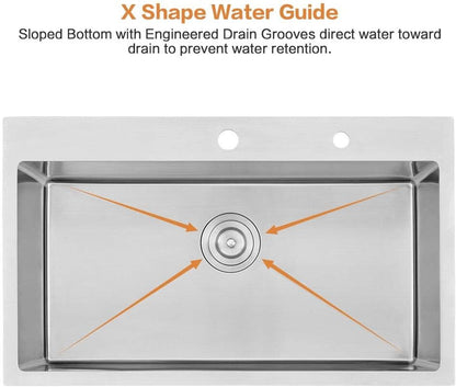 33 Kitchen Sink Drop in - 33X22 Inch Topmount Kitchen Sink 16 Gauge T304 Stainless Steel Single Bowl Kitchen Sink