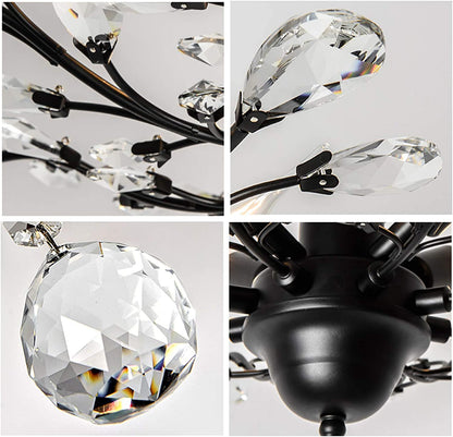 -Light 24.5" Dia 4-Light Vintage Crystal Branch Close to Ceiling Light Fixture Black Chandelier Flush Mount,E12,160W,For Bedroom,Kitchen,Living Room;