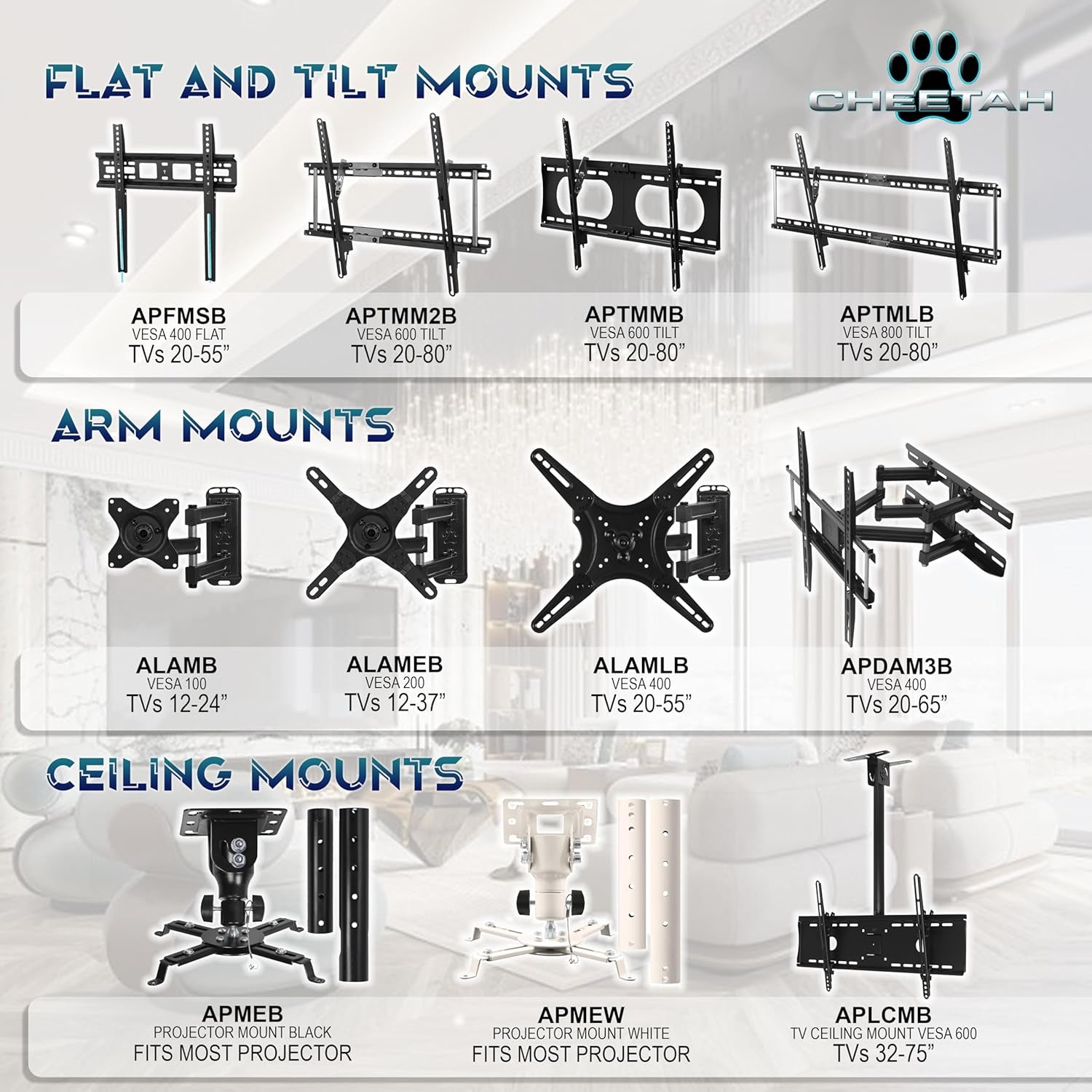 APTMM2B Tilt TV Wall Mount, Fits 32 Inch up to Newer 100” Tvs, 165Lbs and VESA 600, Flat/Flush or Tilting, Slim/Thin Low Profile 1.3 In, Wide for up to 24" Studs, Universal Mounting Bracket