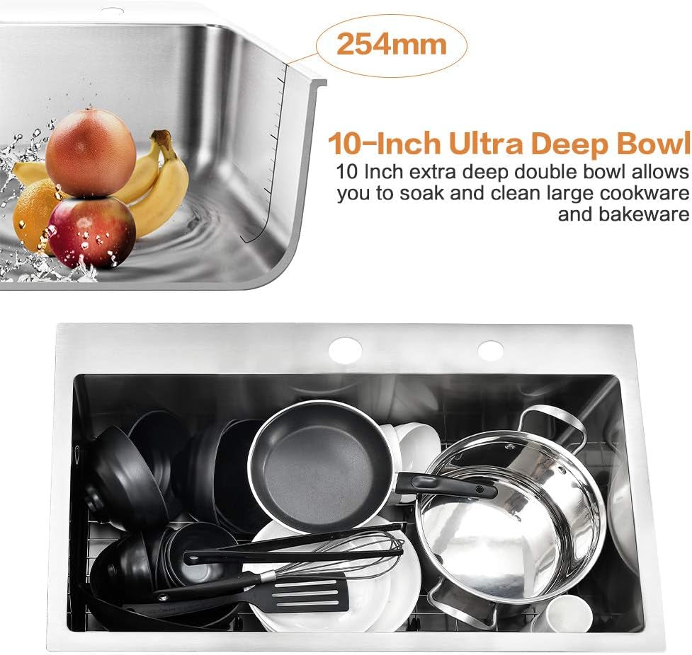 33 Kitchen Sink Drop in - 33X22 Inch Topmount Kitchen Sink 16 Gauge T304 Stainless Steel Single Bowl Kitchen Sink
