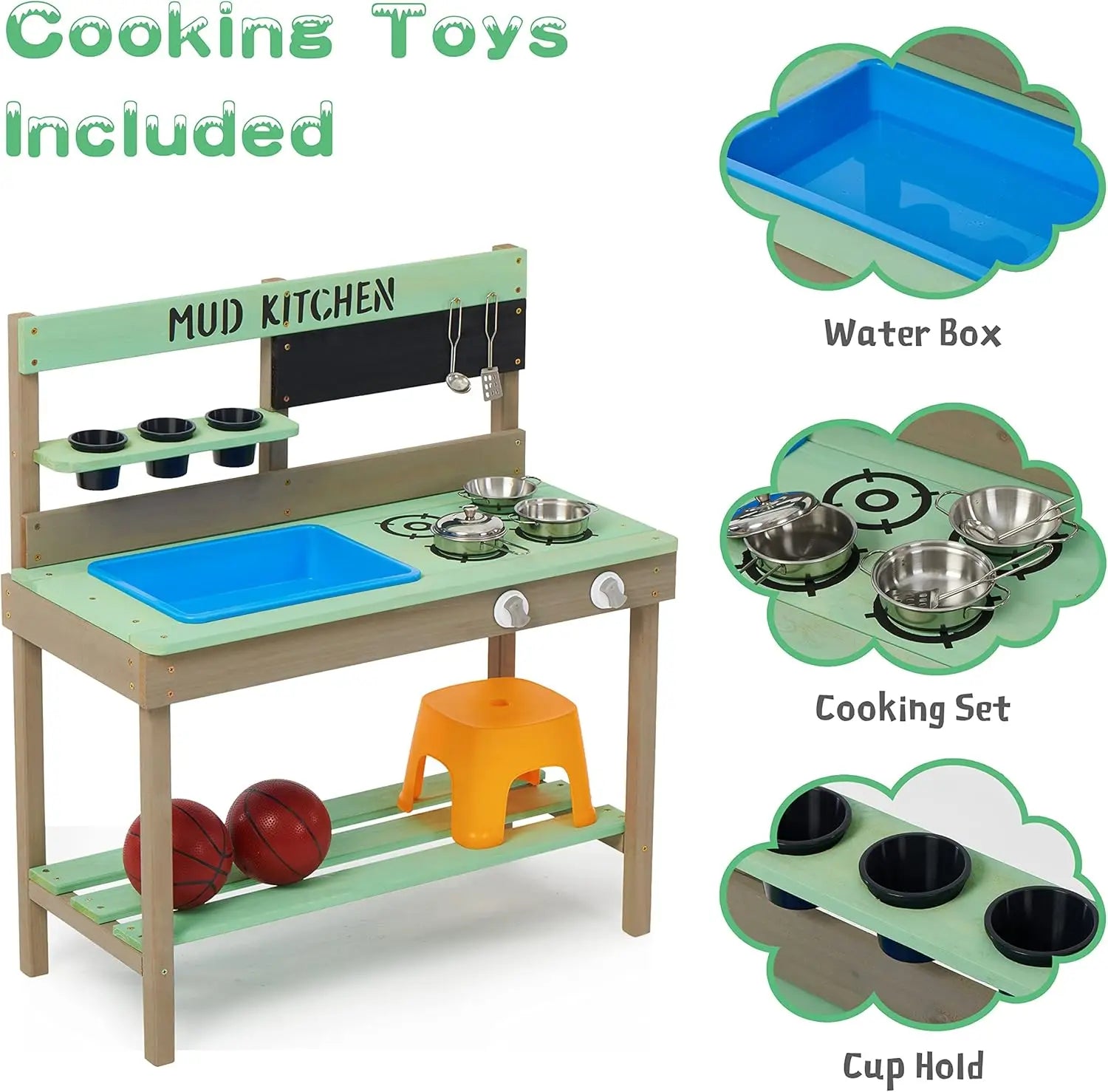 Wooden Outdoor Play Kitchen with Water Play Set and Cooking Accessories for Children Ages 3 and Up