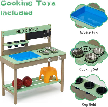 Wooden Outdoor Play Kitchen with Water Play Set and Cooking Accessories for Children Ages 3 and Up