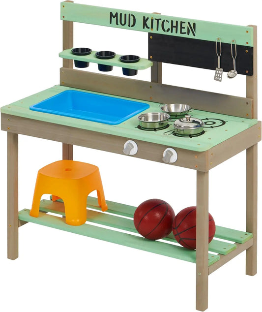 Wooden Outdoor Play Kitchen with Water Play Set and Cooking Accessories for Children Ages 3 and Up