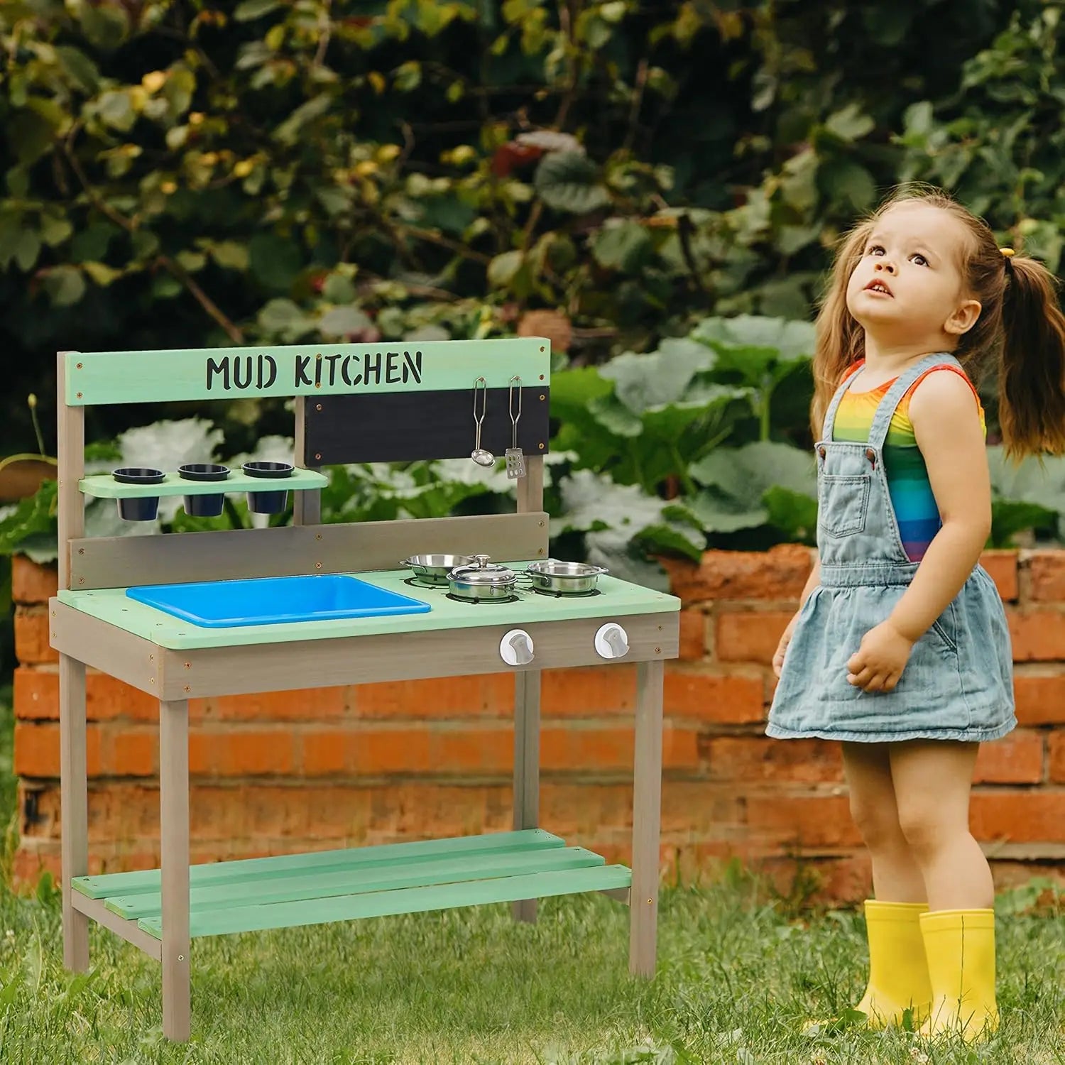 Wooden Outdoor Play Kitchen with Water Play Set and Cooking Accessories for Children Ages 3 and Up