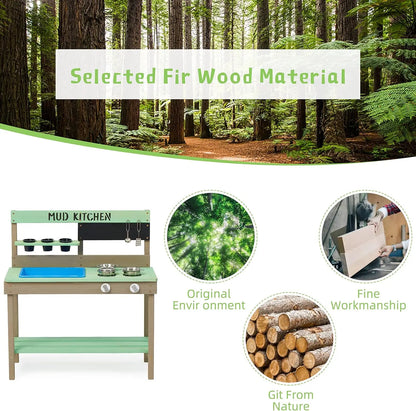 Wooden Outdoor Play Kitchen with Water Play Set and Cooking Accessories for Children Ages 3 and Up
