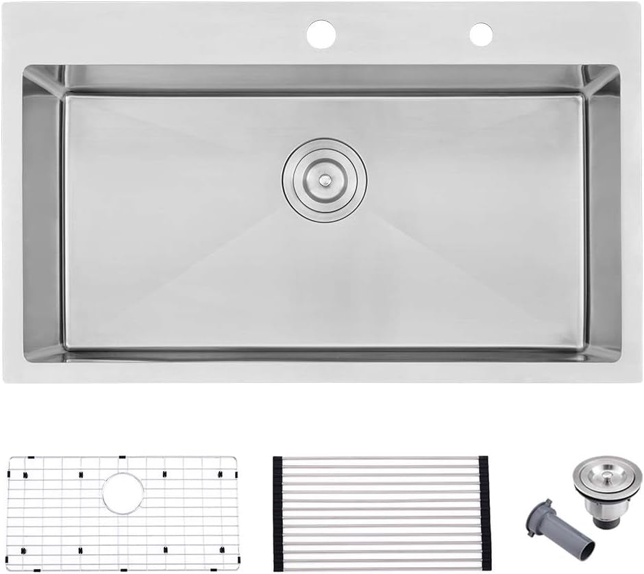 33 Kitchen Sink Drop in - 33X22 Inch Topmount Kitchen Sink 16 Gauge T304 Stainless Steel Single Bowl Kitchen Sink
