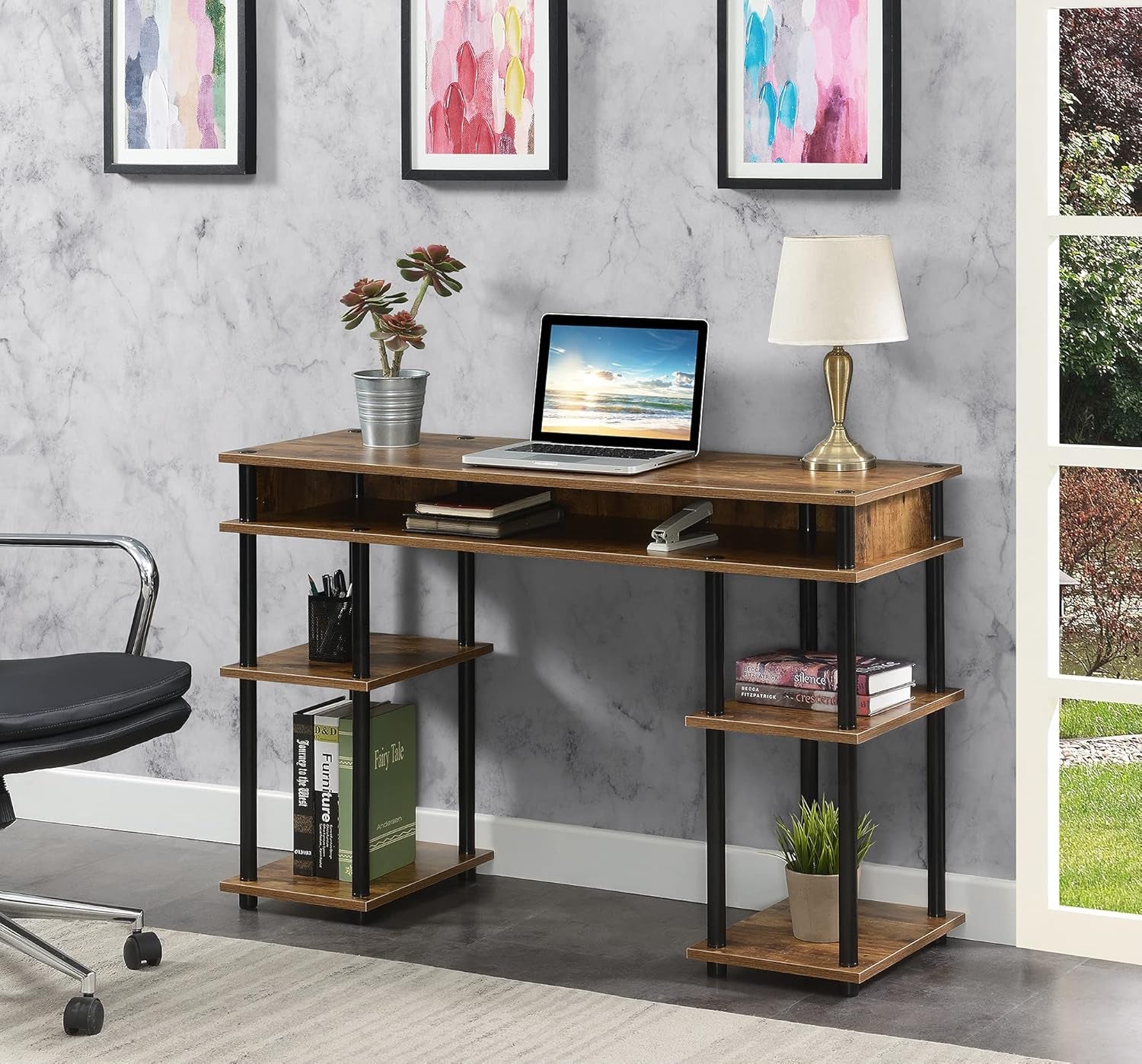 Designs2Go No Tools Desk - Home Office Desk with Shelves, Corner Shelf, Vanity Desk, Computer Desk, Nail Table for Nail Tech, 47.25" L X 15.75" W X 30" H, Barnwood/Black