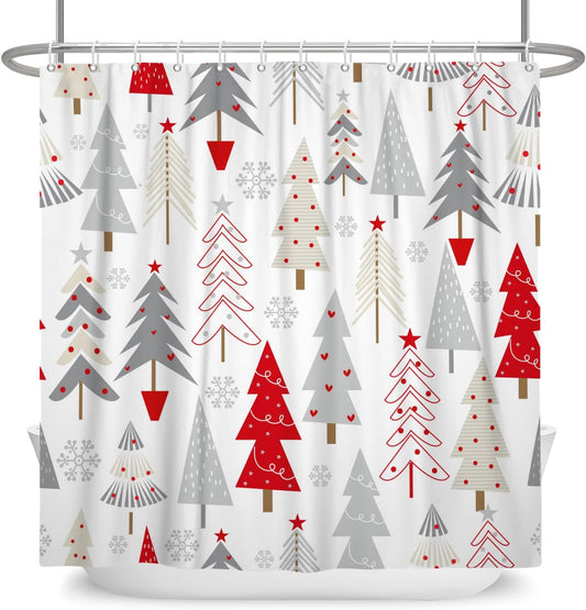 72X72 Inch Merry Christmas Tree Shower Curtains for Bathroom White Grey Red Xmas Tree Snowflake Pine Tree Forest Winter Holiday Bathroom Decor Happy New Year Bathroom Shower Curtain with Hooks
